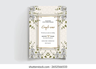 WEDDING INVITATION FRAME WITH FLOWER DECORATIONS AND FRESH LEAVES