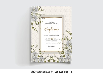 WEDDING INVITATION FRAME WITH FLOWER DECORATIONS AND FRESH LEAVES