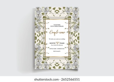 WEDDING INVITATION FRAME WITH FLOWER DECORATIONS AND FRESH LEAVES