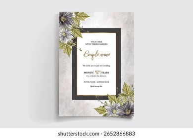 WEDDING INVITATION FRAME WITH FLOWER DECORATIONS AND FRESH LEAVES