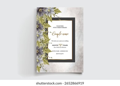 WEDDING INVITATION FRAME WITH FLOWER DECORATIONS AND FRESH LEAVES