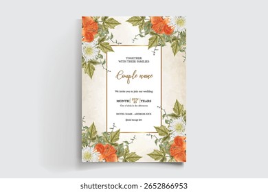 WEDDING INVITATION FRAME WITH FLOWER DECORATIONS AND FRESH LEAVES