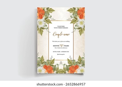 WEDDING INVITATION FRAME WITH FLOWER DECORATIONS AND FRESH LEAVES