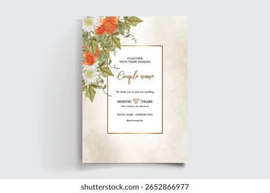 MARCO DE INVITACIÓN DE BODA CON DECORACIONES FLORALES Y HOJAS FRESCAS