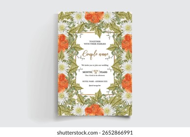 WEDDING INVITATION FRAME WITH FLOWER DECORATIONS AND FRESH LEAVES