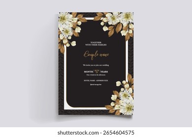 WEDDING INVITATION FRAME WITH FLOWER DECORATIONS AND FRESH LEAVES