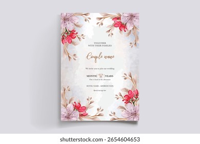 QUADRO DE CONVITE DE CASAMENTO COM DECORAÇÕES DE FLORES E FOLHAS FRESCAS