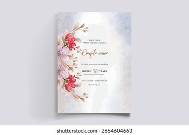 HOCHZEITSEINLADUNGSRAHMEN MIT BLUMENDEKORATIONEN UND FRISCHEN BLÄTTERN