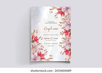 WEDDING INVITATION FRAME WITH FLOWER DECORATIONS AND FRESH LEAVES
