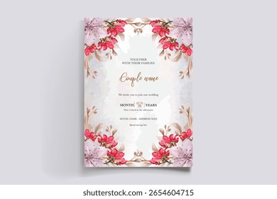 WEDDING INVITATION FRAME WITH FLOWER DECORATIONS AND FRESH LEAVES