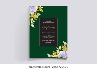 WEDDING INVITATION FRAME WITH FLOWER DECORATIONS AND FRESH LEAVES