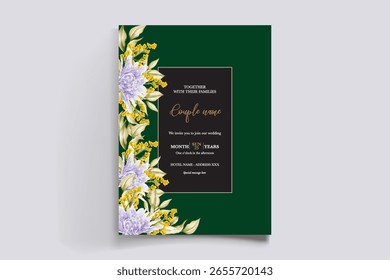 WEDDING INVITATION FRAME WITH FLOWER DECORATIONS AND FRESH LEAVES