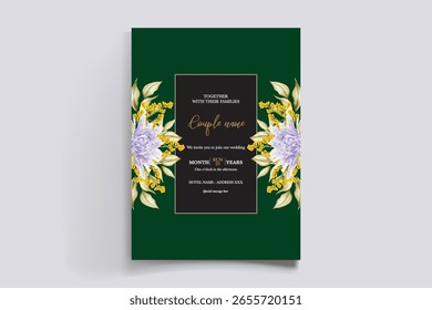 WEDDING INVITATION FRAME WITH FLOWER DECORATIONS AND FRESH LEAVES
