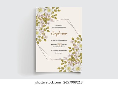 WEDDING INVITATION FRAME WITH FLOWER DECORATIONS AND FRESH LEAVES