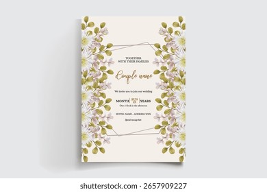 HOCHZEITSEINLADUNGSRAHMEN MIT BLUMENDEKORATIONEN UND FRISCHEN BLÄTTERN