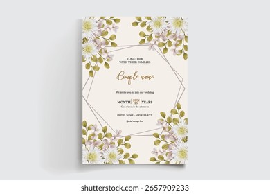 WEDDING INVITATION FRAME WITH FLOWER DECORATIONS AND FRESH LEAVES