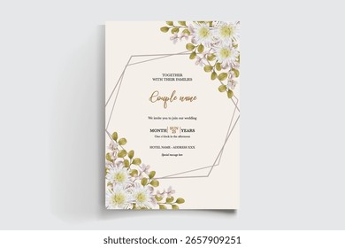 WEDDING INVITATION FRAME WITH FLOWER DECORATIONS AND FRESH LEAVES
