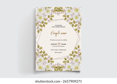 WEDDING INVITATION FRAME WITH FLOWER DECORATIONS AND FRESH LEAVES