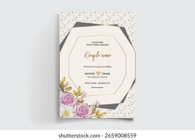 HOCHZEITSEINLADUNGSRAHMEN MIT BLUMENDEKORATIONEN UND FRISCHEN BLÄTTERN