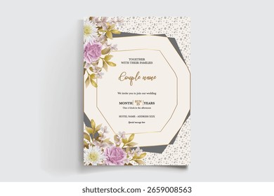HOCHZEITSEINLADUNGSRAHMEN MIT BLUMENDEKORATIONEN UND FRISCHEN BLÄTTERN