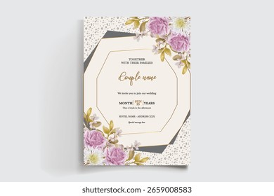 WEDDING INVITATION FRAME WITH FLOWER DECORATIONS AND FRESH LEAVES
