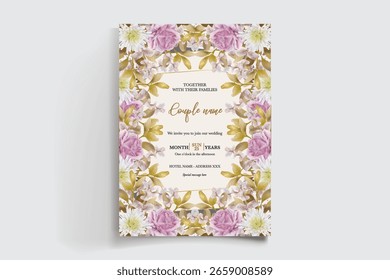WEDDING INVITATION FRAME WITH FLOWER DECORATIONS AND FRESH LEAVES