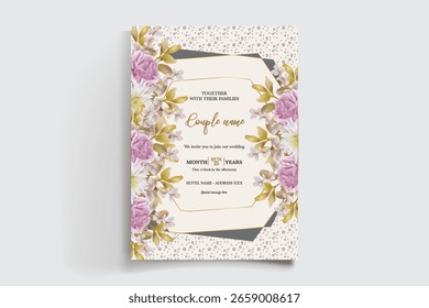 HOCHZEITSEINLADUNGSRAHMEN MIT BLUMENDEKORATIONEN UND FRISCHEN BLÄTTERN