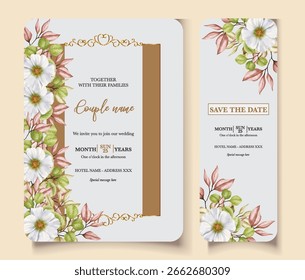 QUADRO DE CONVITE DE CASAMENTO COM DECORAÇÕES DE FLORES E FOLHAS FRESCAS