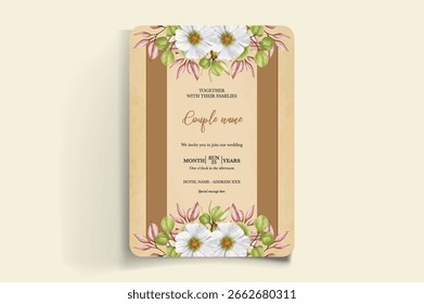 MARCO DE INVITACIÓN DE BODA CON DECORACIONES FLORALES Y HOJAS FRESCAS
