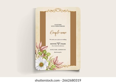 HOCHZEITSEINLADUNGSRAHMEN MIT BLUMENDEKORATIONEN UND FRISCHEN BLÄTTERN