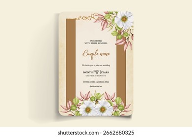 MARCO DE INVITACIÓN DE BODA CON DECORACIONES FLORALES Y HOJAS FRESCAS