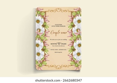 HOCHZEITSEINLADUNGSRAHMEN MIT BLUMENDEKORATIONEN UND FRISCHEN BLÄTTERN