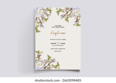 WEDDING INVITATION FRAME WITH FLOWER DECORATIONS AND FRESH LEAVES