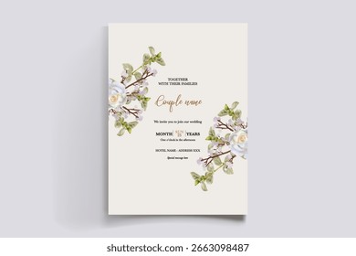 MARCO DE INVITACIÓN DE BODA CON DECORACIONES FLORALES Y HOJAS FRESCAS