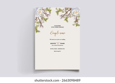 WEDDING INVITATION FRAME WITH FLOWER DECORATIONS AND FRESH LEAVES