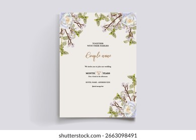 MARCO DE INVITACIÓN DE BODA CON DECORACIONES FLORALES Y HOJAS FRESCAS