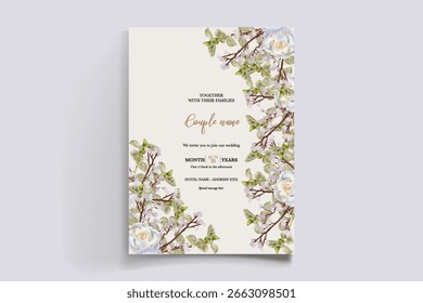 MARCO DE INVITACIÓN DE BODA CON DECORACIONES FLORALES Y HOJAS FRESCAS