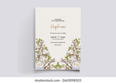 WEDDING INVITATION FRAME WITH FLOWER DECORATIONS AND FRESH LEAVES