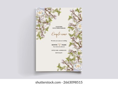 WEDDING INVITATION FRAME WITH FLOWER DECORATIONS AND FRESH LEAVES