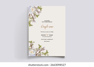 MARCO DE INVITACIÓN DE BODA CON DECORACIONES FLORALES Y HOJAS FRESCAS