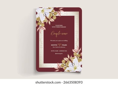 WEDDING INVITATION FRAME WITH FLOWER DECORATIONS AND FRESH LEAVES