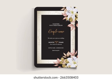 HOCHZEITSEINLADUNGSRAHMEN MIT BLUMENDEKORATIONEN UND FRISCHEN BLÄTTERN