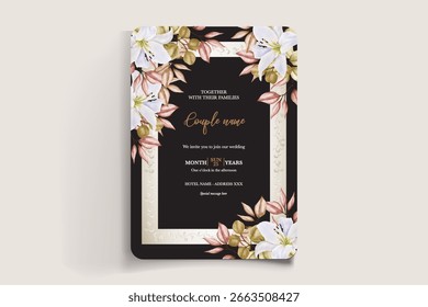 HOCHZEITSEINLADUNGSRAHMEN MIT BLUMENDEKORATIONEN UND FRISCHEN BLÄTTERN