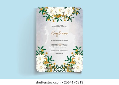 MARCO DE INVITACIÓN DE BODA CON DECORACIONES FLORALES Y HOJAS FRESCAS