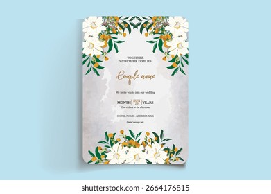 QUADRO DE CONVITE DE CASAMENTO COM DECORAÇÕES DE FLORES E FOLHAS FRESCAS