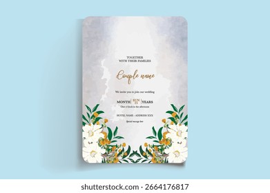 HOCHZEITSEINLADUNGSRAHMEN MIT BLUMENDEKORATIONEN UND FRISCHEN BLÄTTERN