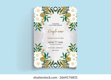 WEDDING INVITATION FRAME WITH FLOWER DECORATIONS AND FRESH LEAVES