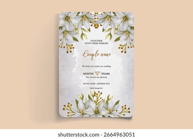 HOCHZEITSEINLADUNGSRAHMEN MIT BLUMENDEKORATIONEN UND FRISCHEN BLÄTTERN