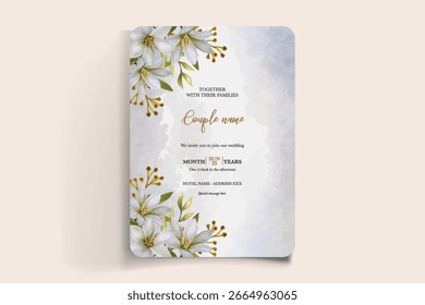 WEDDING INVITATION FRAME WITH FLOWER DECORATIONS AND FRESH LEAVES