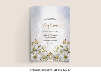 WEDDING INVITATION FRAME WITH FLOWER DECORATIONS AND FRESH LEAVES
